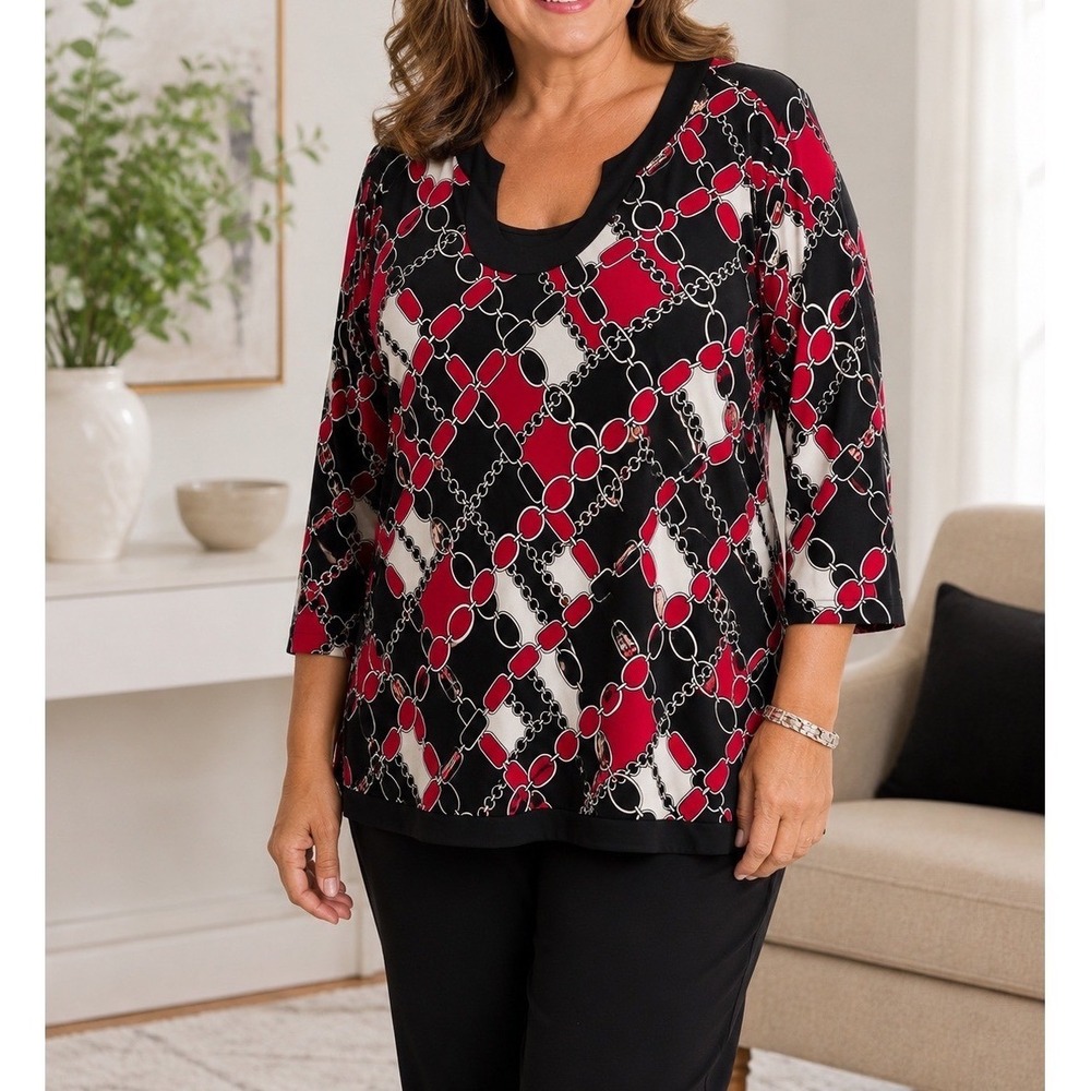 Briggs New York Womens 2X Red Black White Chain Link Print 3/4 Sleeve Tunic Top